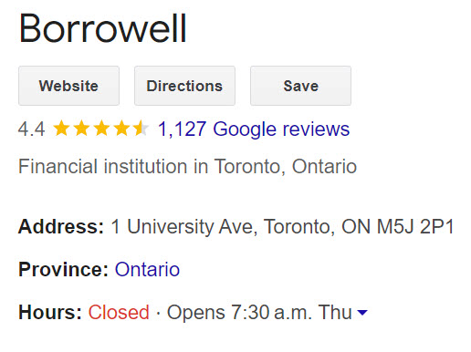 Borrowell reviews on Google