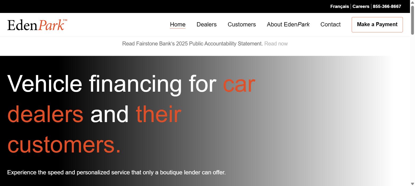 EdenPark Canada homepage showing vehicle financing for car dealers and their customers