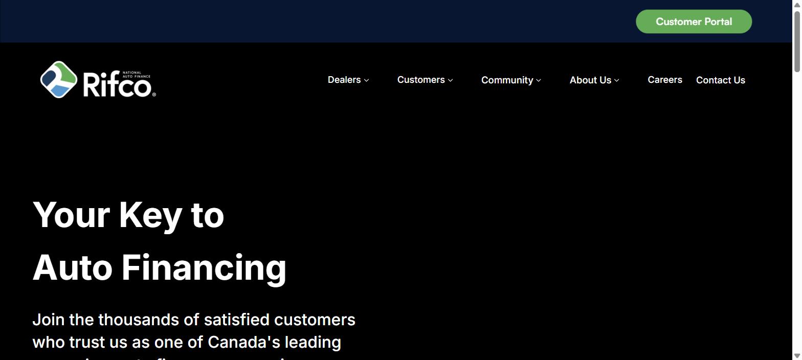 Rifco National Auto Finance homepage in August 2026 showing active auto financing marketing